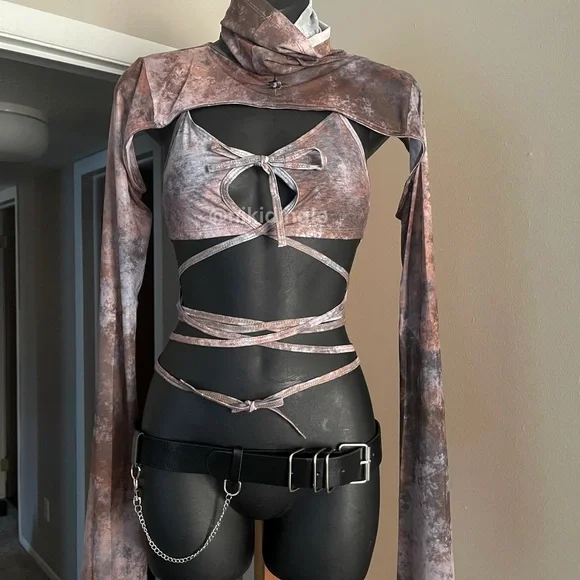 NEW Dolls Kill Darker Wavs Fader Top and Shrug Set Goth Punk Large Bell sleeve L - Picture 5 of 10